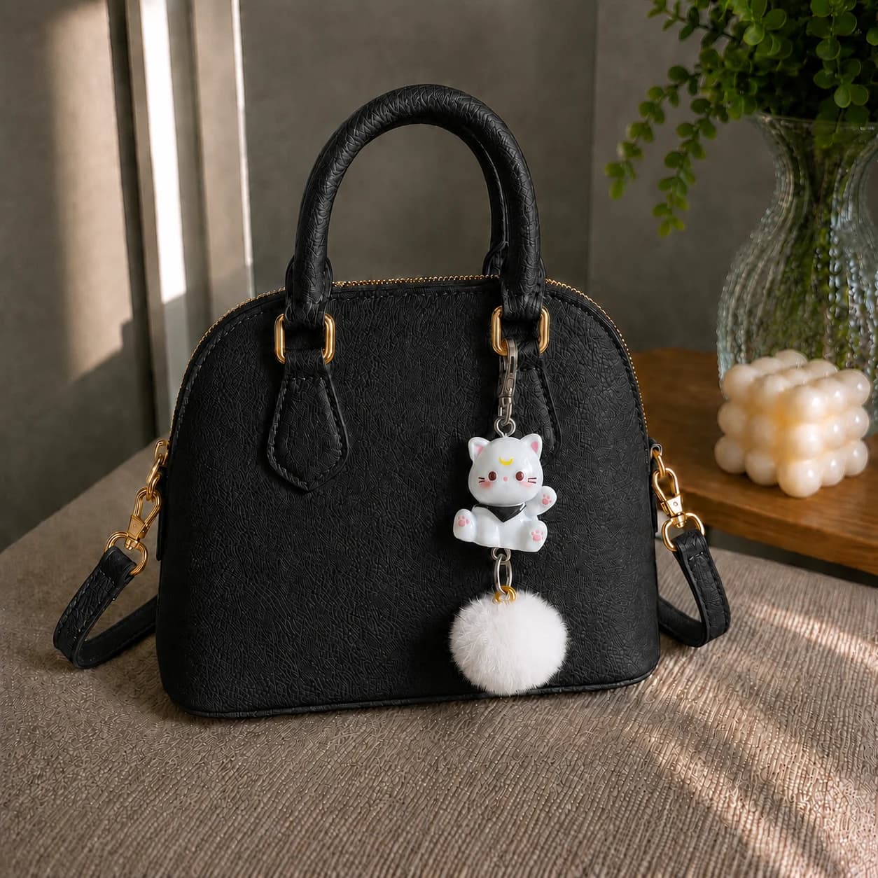 Yuki Branco pendurado em uma bolsa